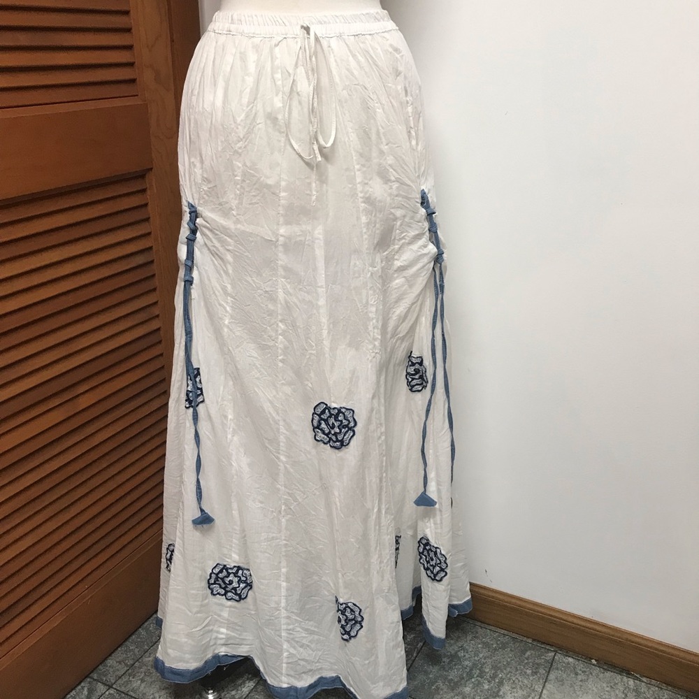 Maxi Peasant Gathered Full White & Blue Skirt